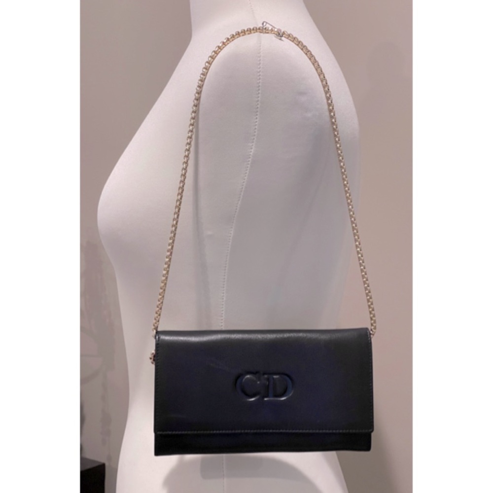 ✨Christian Dior CD Logo Black Leather Wallet On Chain Clutch